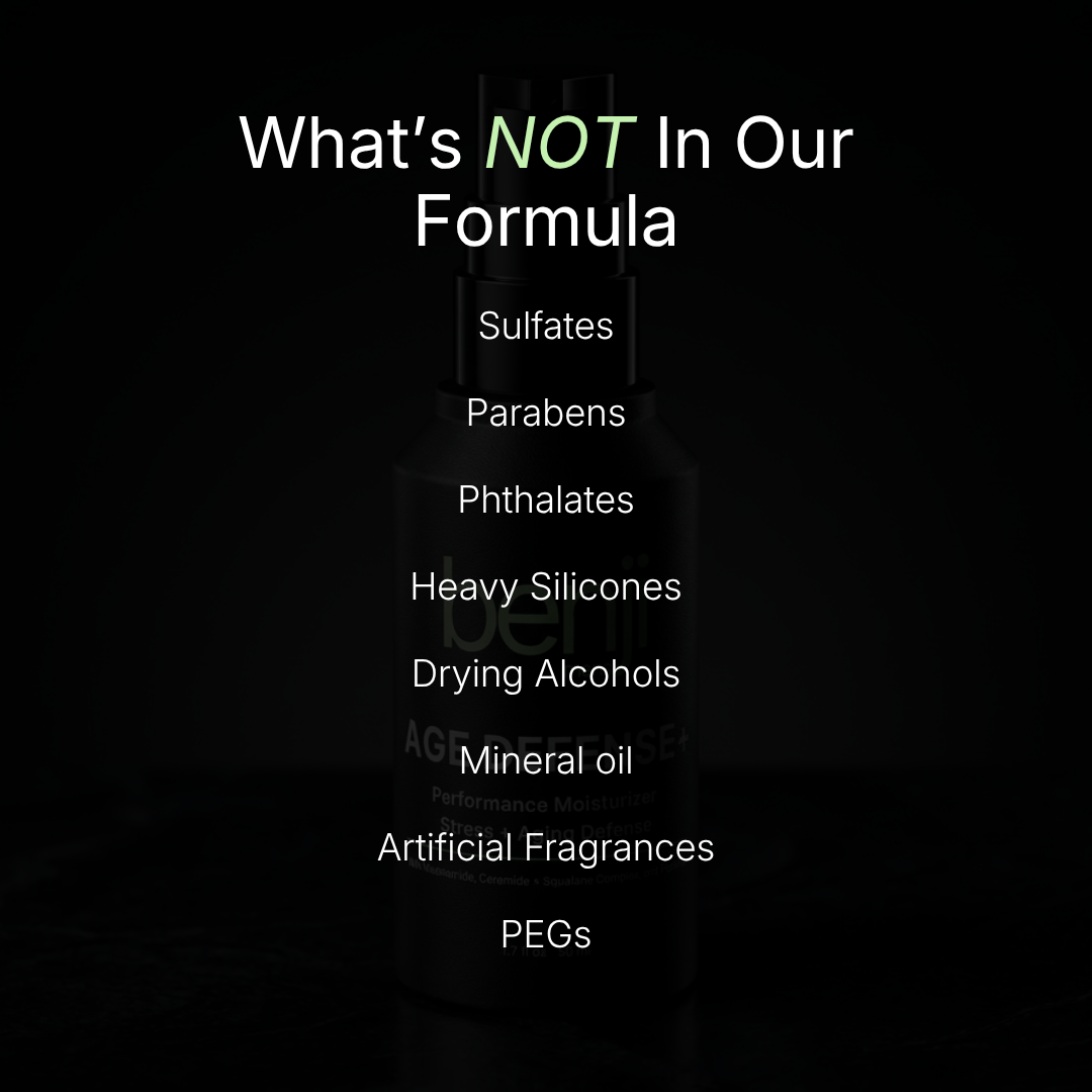 Black bottle with a list of ingredients not used in the product on a black background