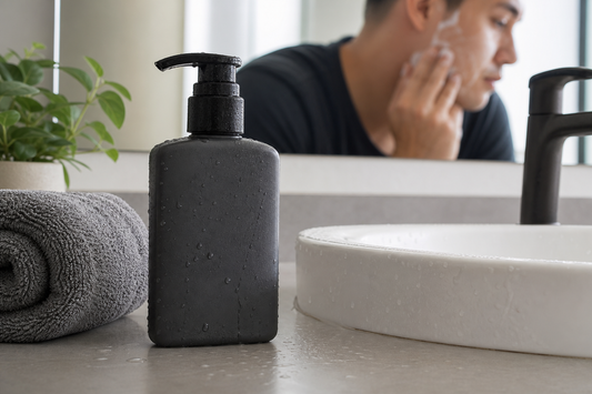 A men's facial cleanser bottle on a bathroom counter beside a sink