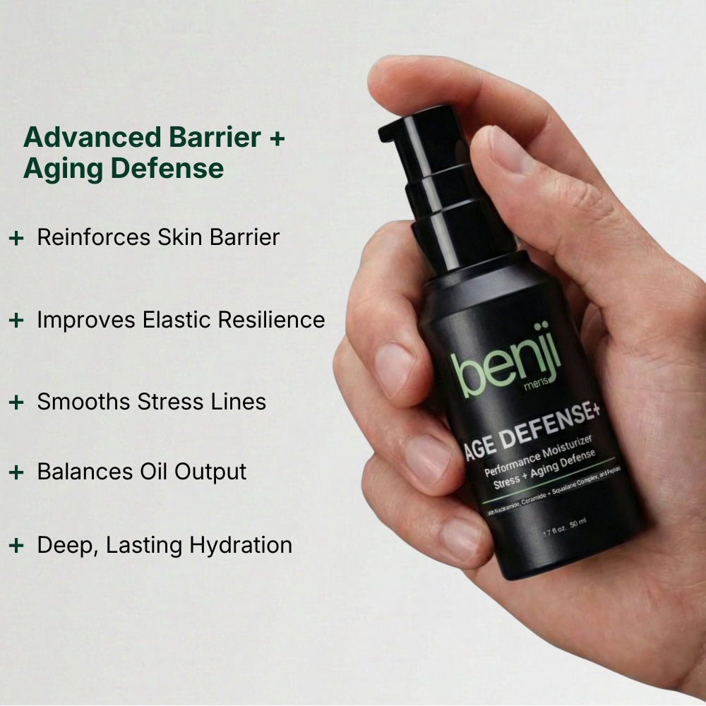 benji AGE DEFENSE+ skincare product with text about its benefits 