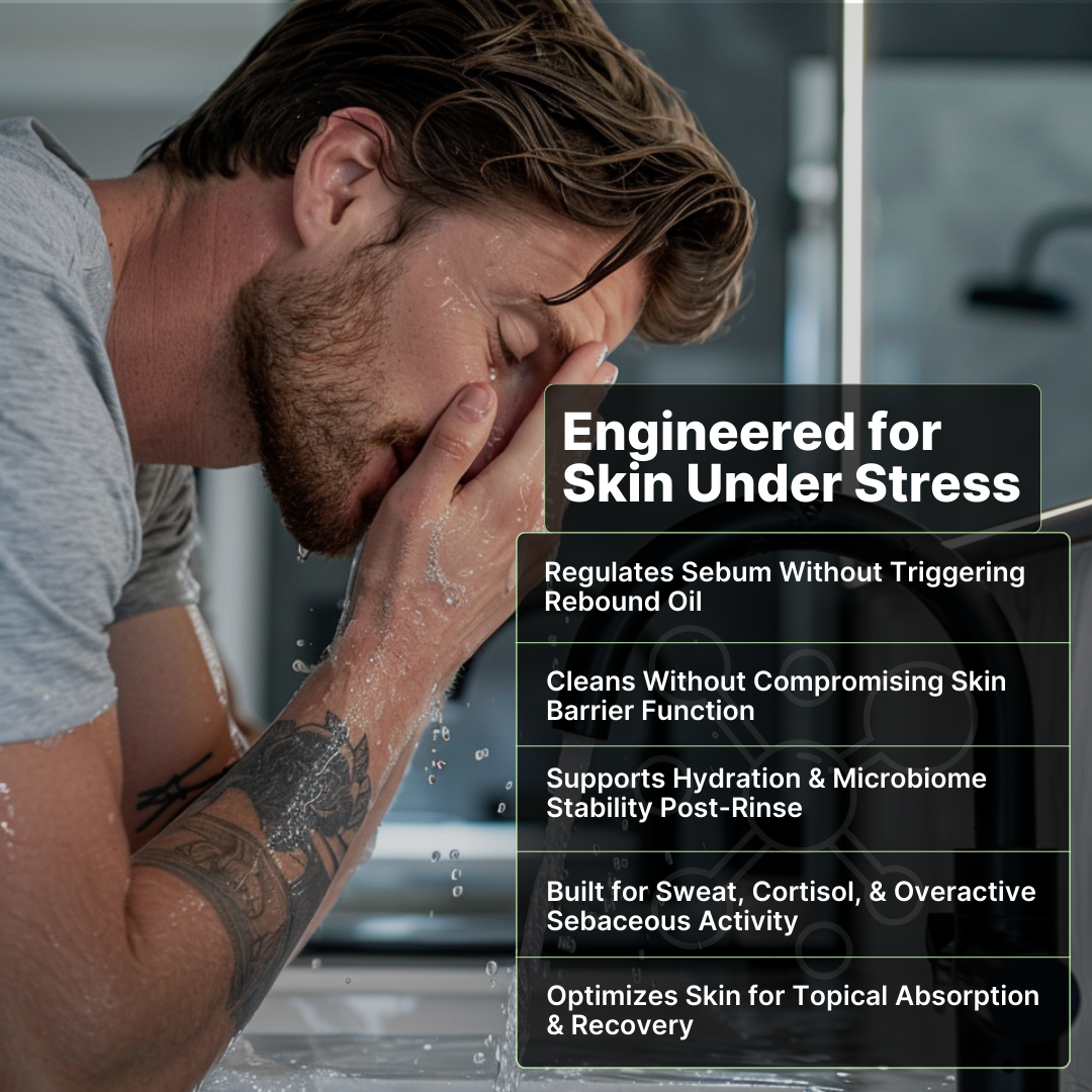 Man washing his face with a product labeled 'Engineered for Skin Under Stress' in a bathroom setting.
