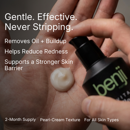 Hand applying cream from a bottle labeled 'beniji' on skin with product benefits text overlay.