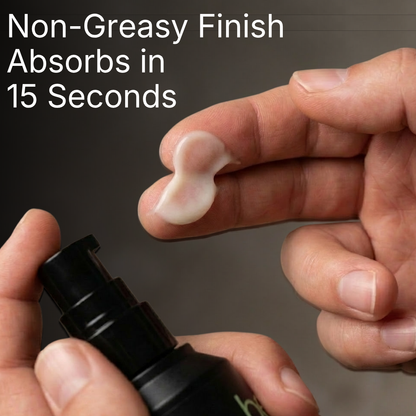 Person applying cream to a finger with text about non-greasy finish and absorption time.