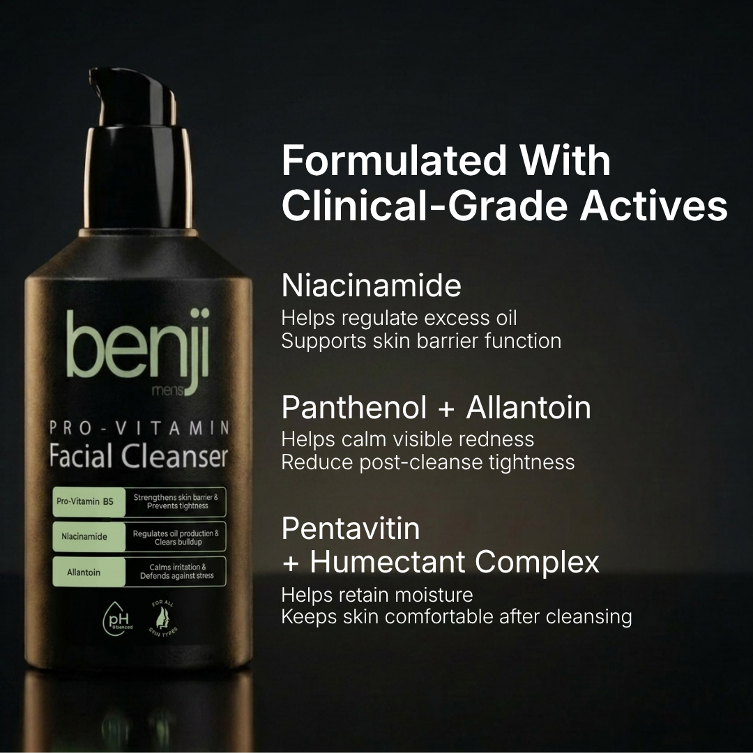 Benji Pro-Vitamin Facial Cleanser bottle with product details on a dark background