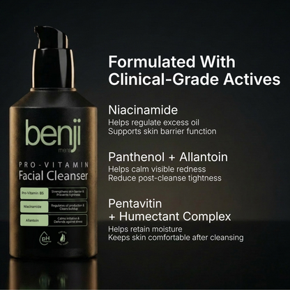 Benji Pro-Vitamin Facial Cleanser bottle with product details on a dark background