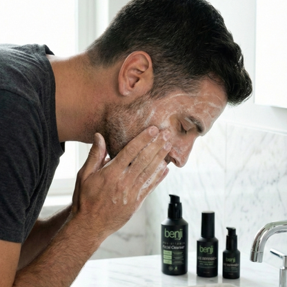 Man washing his face with Benji Pro-Vitamin Facial Cleanser