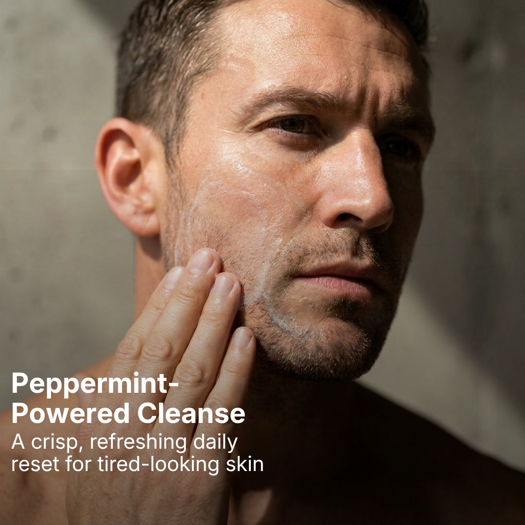 Man applying a product to his face with text about a peppermint-powered cleanse.