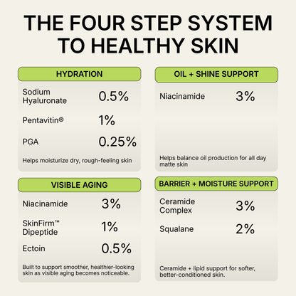 An infographic titled 'THE FOUR STEP SYSTEM TO HEALTHY SKIN' with four green-labeled panels: Hydration, Oil + Shine Support, Visible Aging, and Barrier + Moisture Support, listing percentages and ingredients such as Sodium Hyaluronate, Niacinamide, SkinFirm Dipeptide, Ceramide Complex, and Squalane.