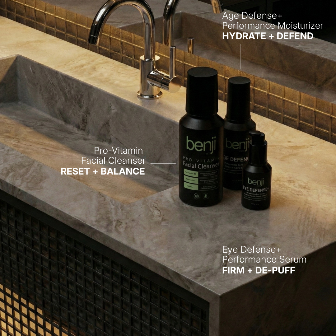 benji skincare products on a bathroom counter with text labels