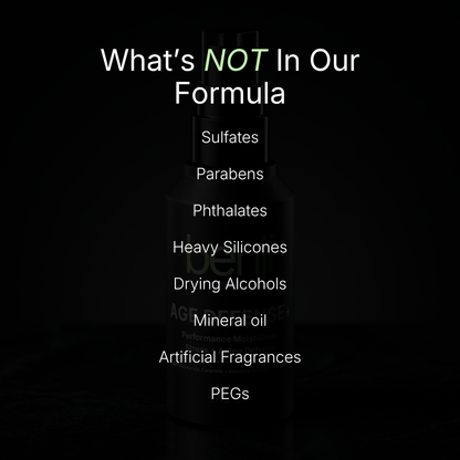 Black bottle with a list of ingredients not used in the product on a black background