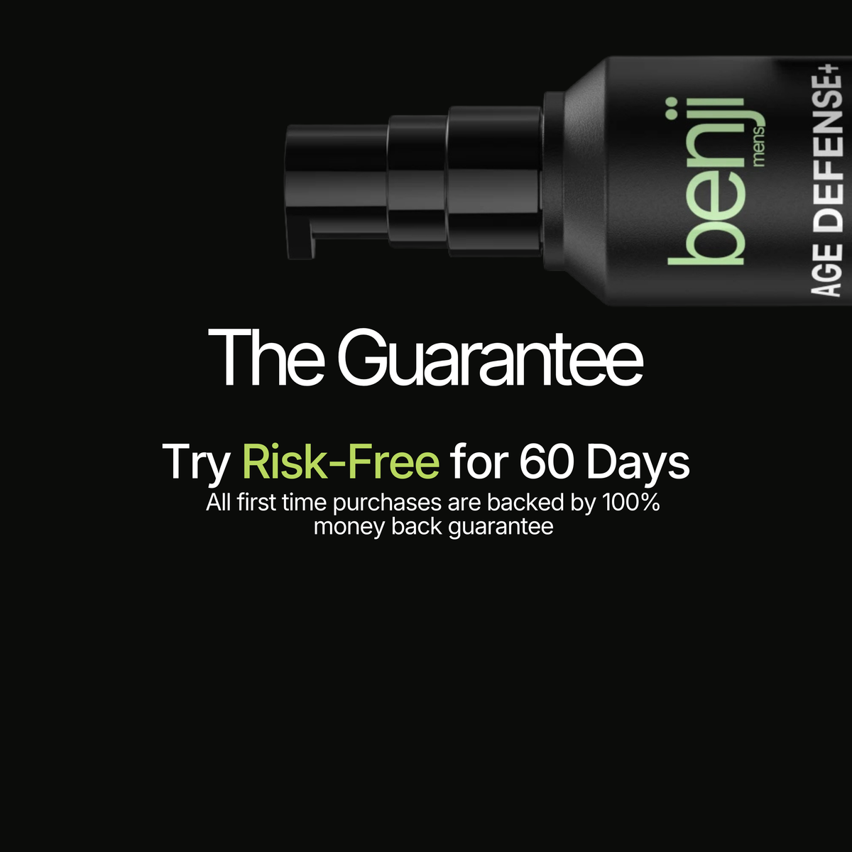 Benji Inner Age Defense+ skincare pump bottle shown on a black background with promotional text reading 'The Guarantee' and 'Try Risk-Free for 60 Days'.