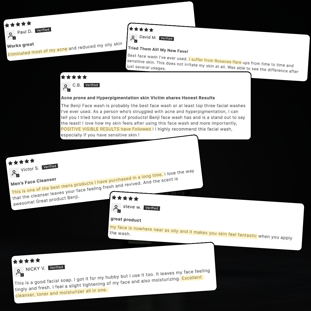 Reviews of a facial wash product on a black background