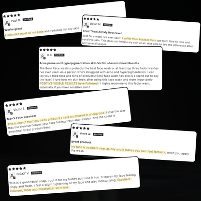 Reviews of a facial wash product on a black background
