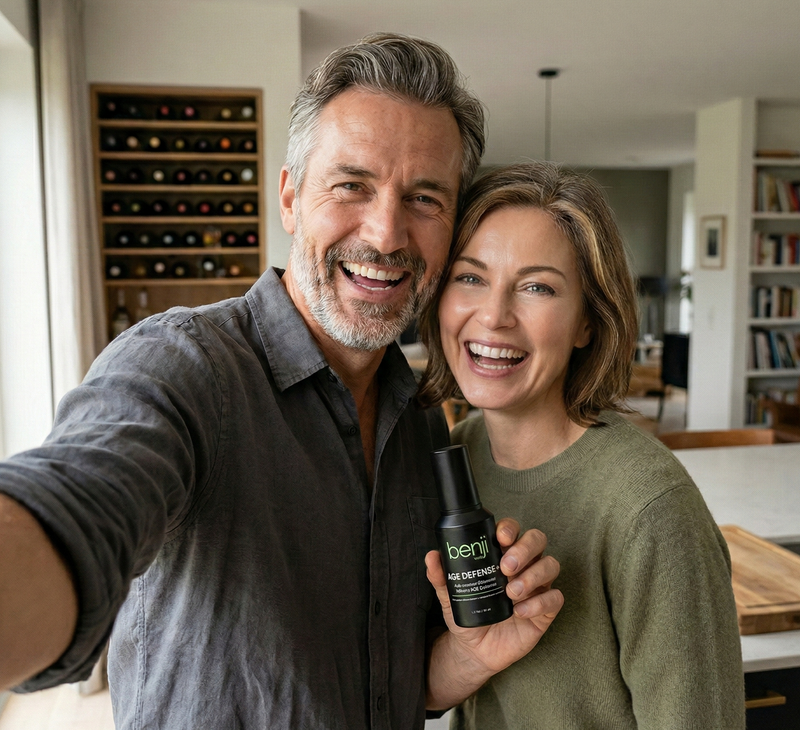 Man and woman taking a selfie in a kitchen holding a bottle of Benjie product.