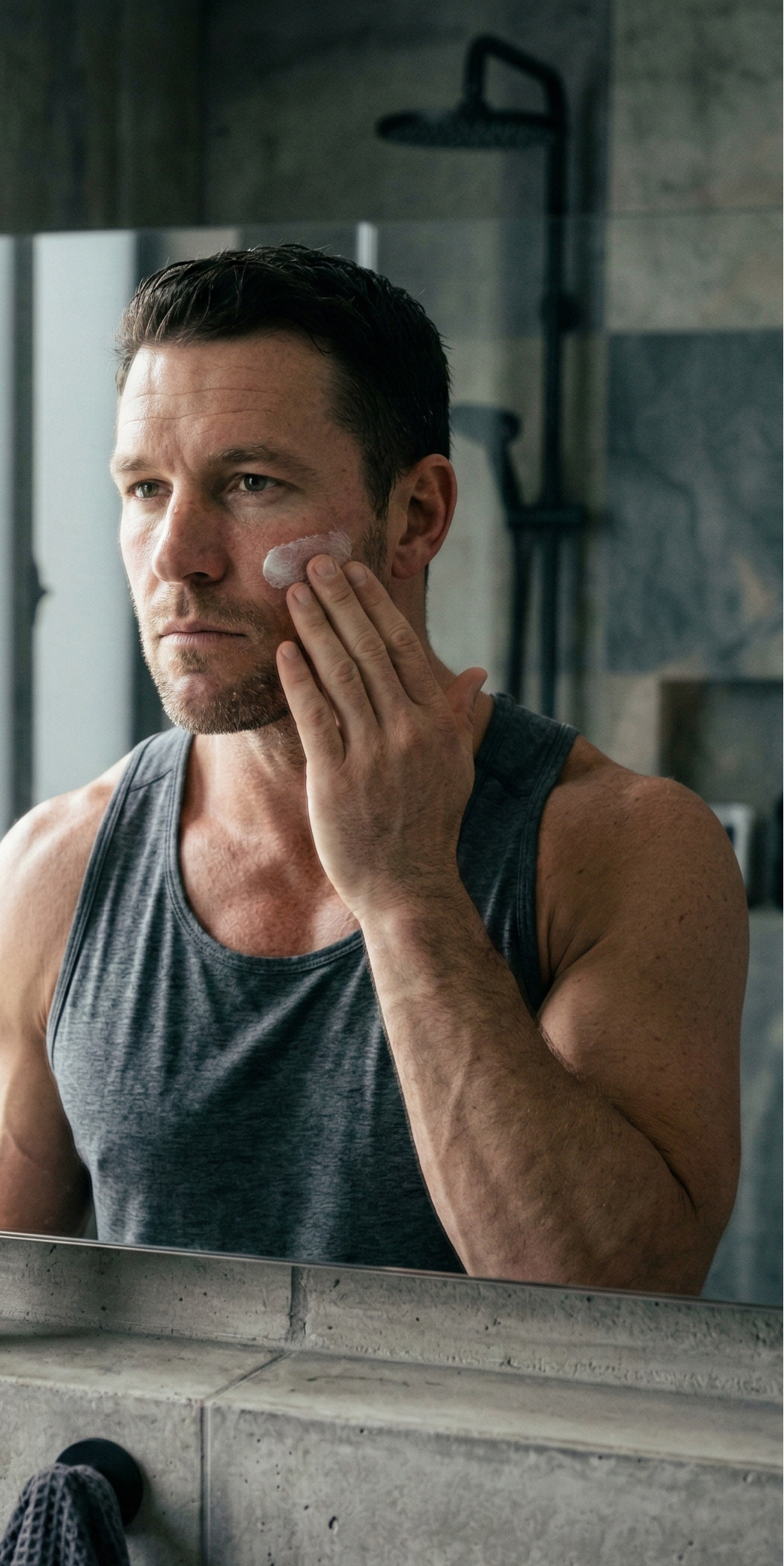 Man applying skincare product in front of a mirror