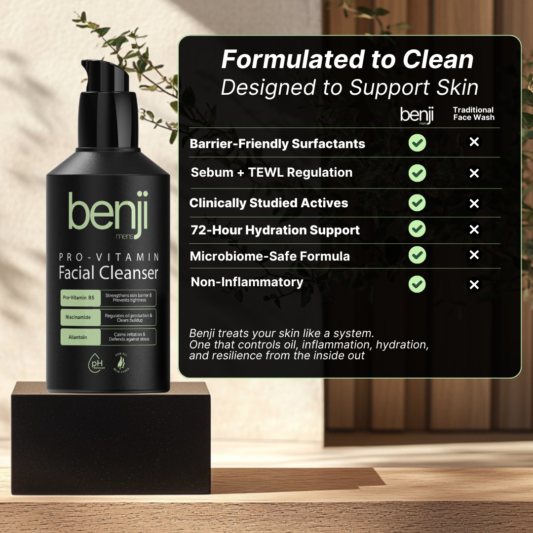 Benji facial cleanser bottle with feature checklist on a wooden surface