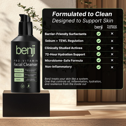 Benji facial cleanser bottle with feature checklist on a wooden surface
