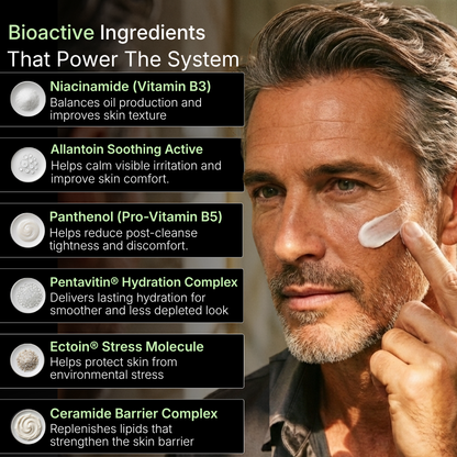 Man applying cream to his face with a list of bioactive ingredients on the left.