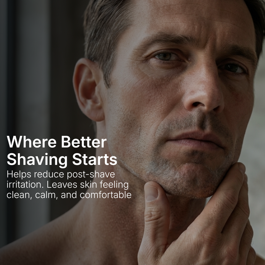 Man with a close shave, touching his chin with text about shaving benefits.