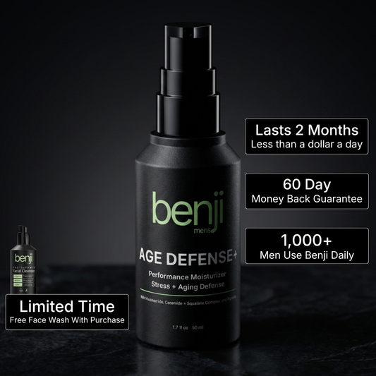 Black bottle of benji Age Defense on a dark background