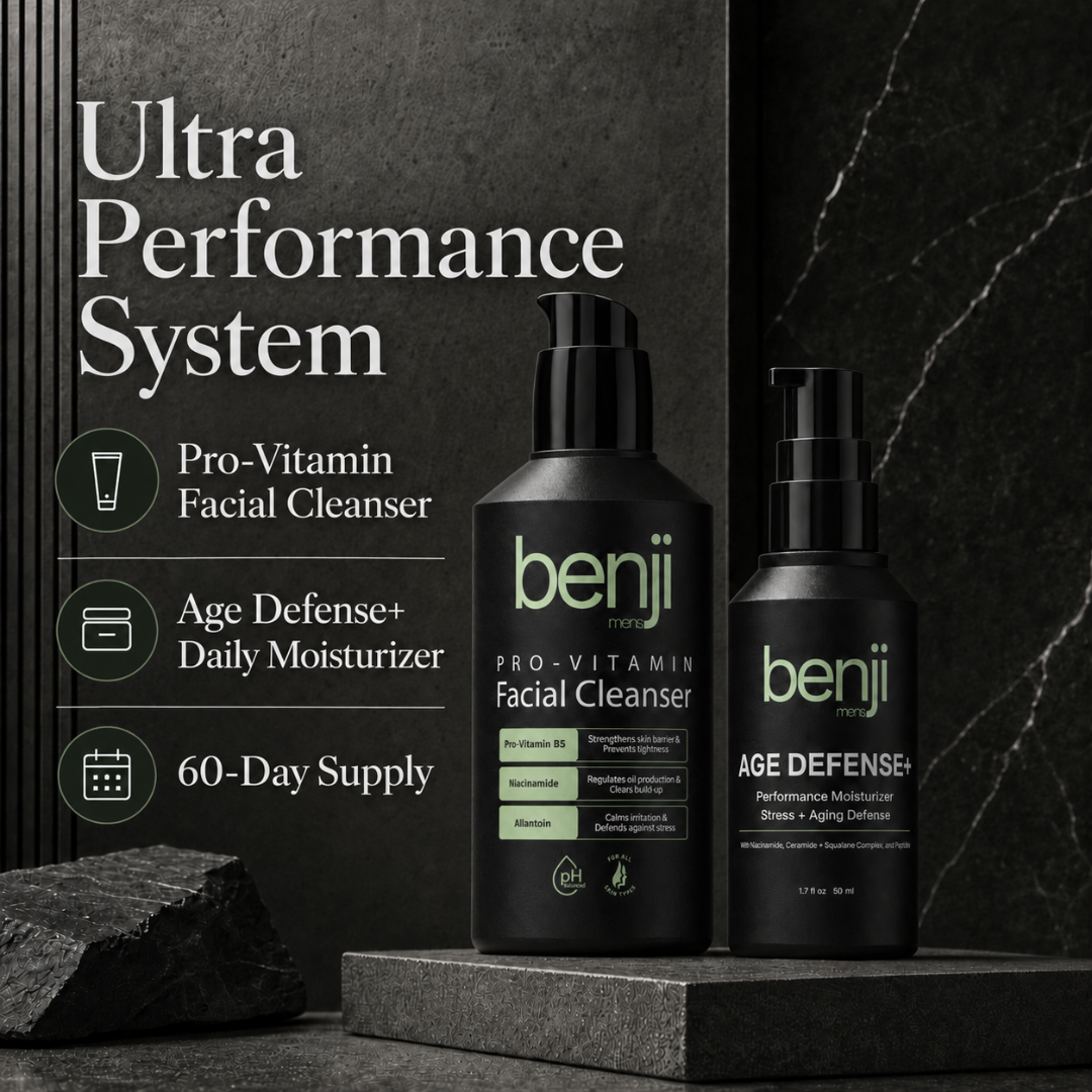 Ultra Performance System 2-step men's skincare set for stress-aging, with daily treatment products for tired skin