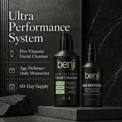 Ultra Performance System 2-step men's skincare set for stress-aging, with daily treatment products for tired skin
