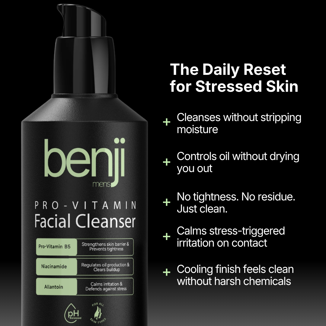 Benji Pro-Vitamin Facial Cleanser bottle with product features on a black background