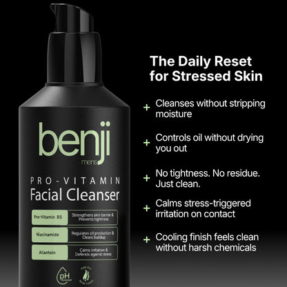 Benji Pro-Vitamin Facial Cleanser bottle with product features on a black background