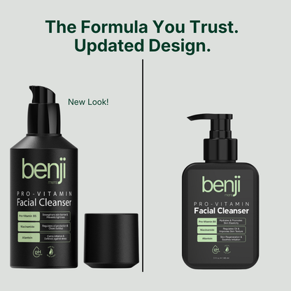 Two bottles of benji Pro-Vitamin Facial Cleanser with a gray background