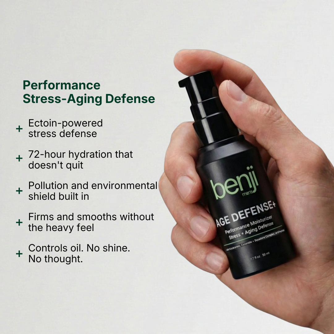 benji AGE DEFENSE+ skincare product with text about its benefits 