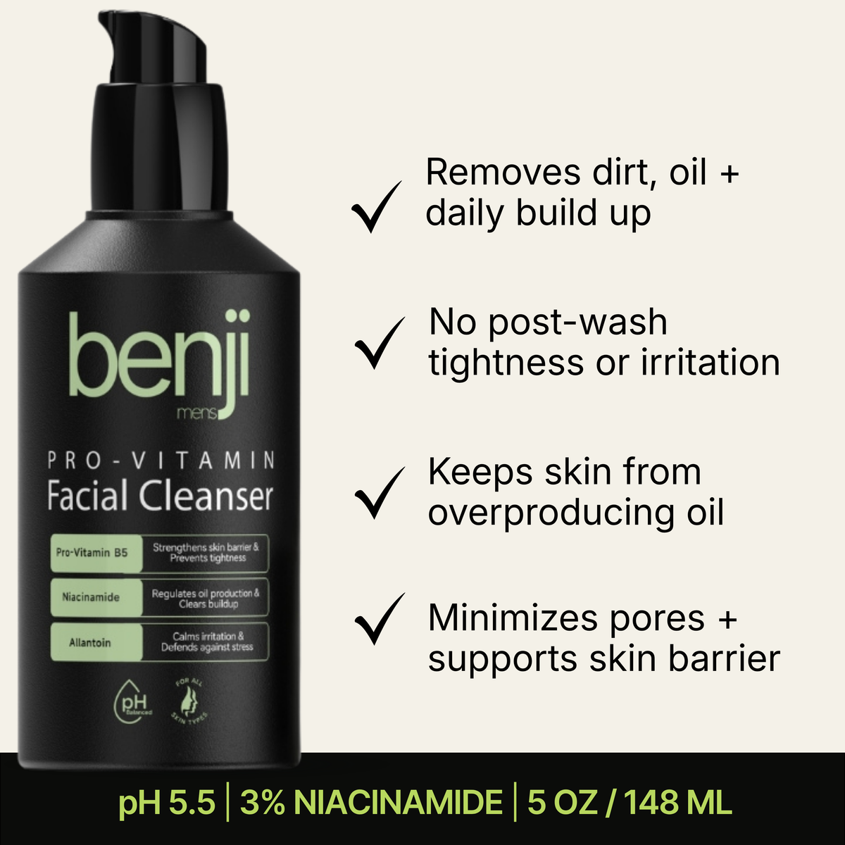 A black pump bottle of Benji Mens Pro-Vitamin Facial Cleanser on a light beige background, with black text listing product benefits to the right. A black banner at the bottom reads 'pH 5.