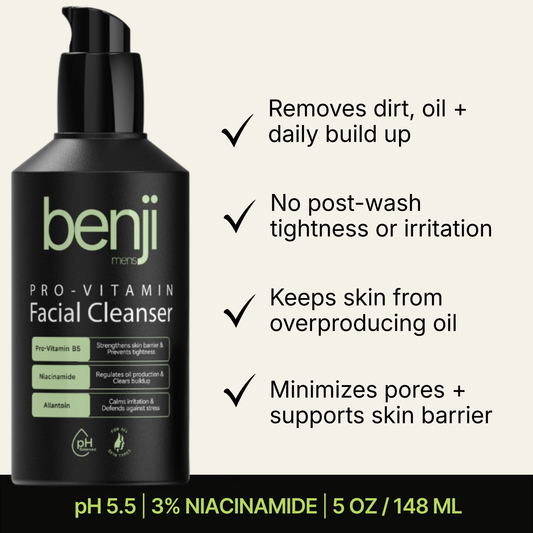 A black pump bottle of Benji Mens Pro-Vitamin Facial Cleanser on a light beige background, with black text listing product benefits to the right. A black banner at the bottom reads 'pH 5.
