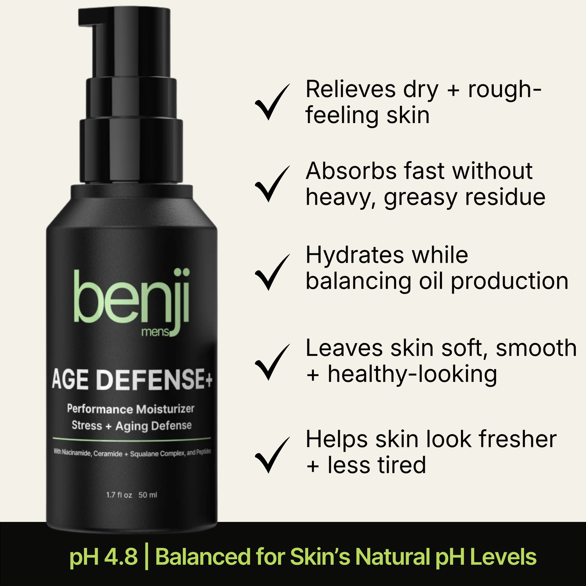Benji Mens Age Defense+ Performance Moisturizer in a matte black pump bottle, shown on a light beige background with product benefits listed on the right.