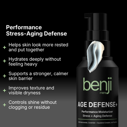 Benji Age Defense+ moisturizer bottle with text on a black background